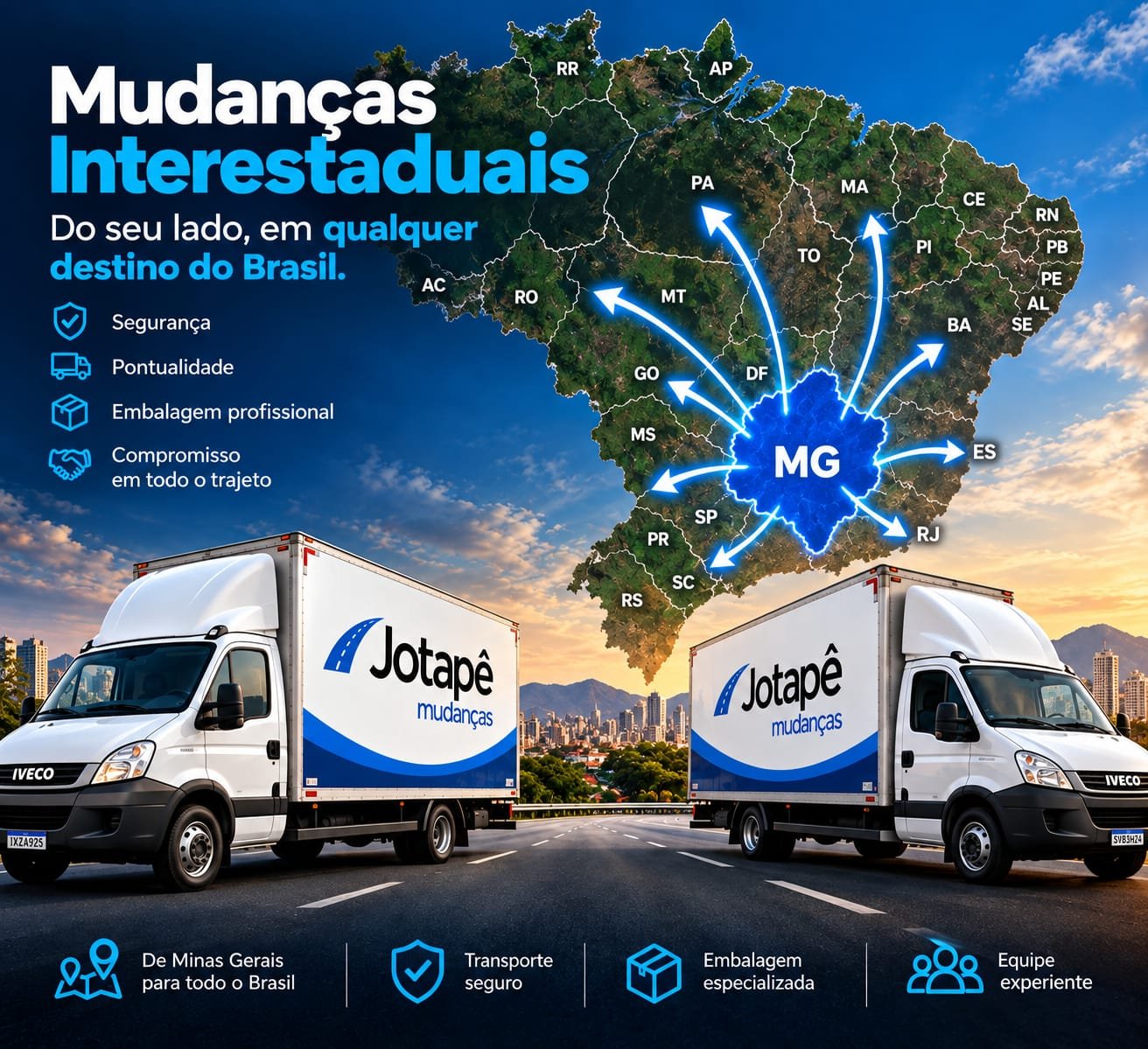 Caminhões da Jotapê Mudanças e mapa do Brasil com Minas Gerais no centro, mudanças interestaduais